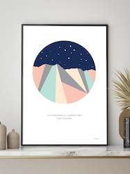 The Remarkables Mountain Range Night Sky Southern Cross, Queenstown New Zealand. Geometric Art Print