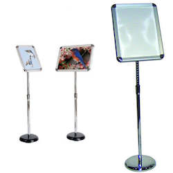 Product display assembly: Chrome Snap Frame Floor Stand A4 Radius Corners - Portrait / Landscape