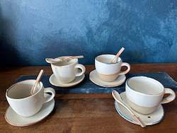 Kitchenware wholesaling: Set Cup With Saucer and Spoon, White, Speckled, Rough, Handmade