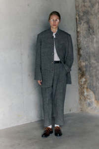 Rory William Docherty: Rory William Docherty - Stand Collar Long Line Jacket Herringbone Charcoal