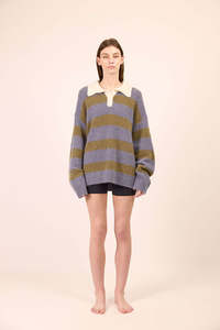 Pharlain: Pharlain - Knit Polo Blue/Green Stripe