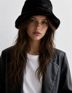 Accessories: Black Faux Fur Bucket Hat