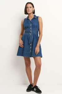 Products: Archer Storm Blue Denim Sleeveless Mini Shirt Dress