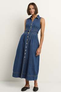 Products: Crescent Storm Blue Denim Sleeveless Midi Shirt Dress