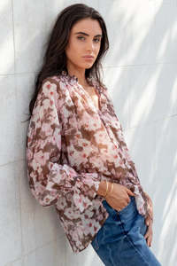 Products: Odyssey Blush Chocolate Floral Shirred Neck Top