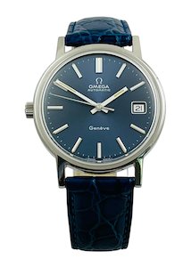 Products: RARE Omega 1973 Geneve LEFT WINDING Blue Dial Automatic Stainless Steel Mens Wristwatch Ref 166.0163 Fully Serviced and Beautiful