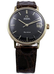Omega 1969 Geneve Vintage Automatic 18ct Rose Gold Mens Wristwatch with Beautiful Black Dial