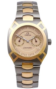 Products: Omega Seamaster TITANE Calendar 120m Titanium and 18ct Yellow Gold Mens Wristwatch Ref 396.1000 with Solid 18ct Gold Centre Links