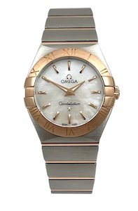 Products: Omega Constellation 18ct Rose Gold and Stainless Steel 28mm Ladies Wristwatch with Mother of Pearl Dial Reference 123.20.27.60.05.001