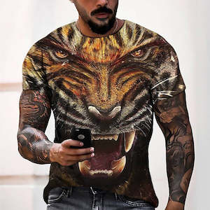 Geometric Art Tees Hoodies: 3D Graphic Prints Animal Tiger Design Men's T-Shirt Short Sleeve Tops
