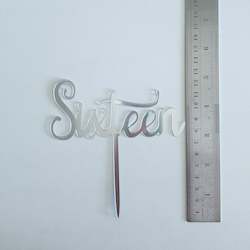Acrylic Cake Toppers: Silver Acrylic Sixteen Cake Topper