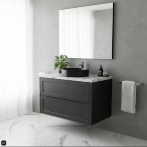 Engeering Stone Bench With Basin: Vanity - Jess Series Wall Hung White/Black With Stone Top