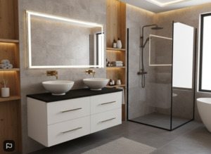 Engeering Stone Bench With Basin: Double basins bathroom vanity cabinet with engeering stone top