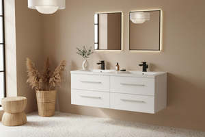 Wall Hung Vanities: Vanity - Misty Series 1200 White Double Basin