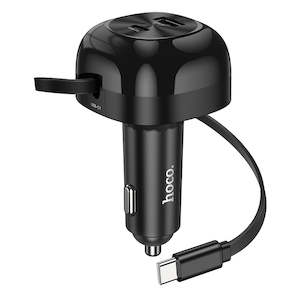 Car Charger: Hoco 60W 3 Outputs PD+QC Super Fast Car Charger with Retractable Type C Cable