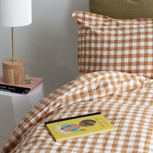 King Single Linen: European Linen Duvet Set - Toffee Gingham, King Single