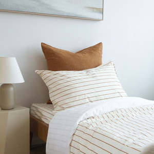 King Single Linen: Stonewash Cotton Duvet Set - Cedar Stripe, King Single