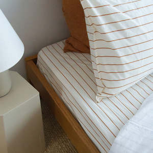 Stonewash Cotton Fitted Sheet, King Single - Cedar Stripe