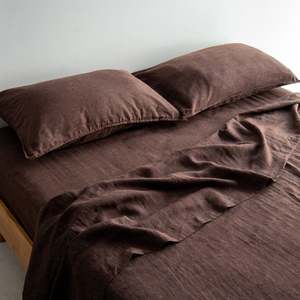 Support Local Business: European Linen Flat Sheet - Chocolate/Blue Stripe