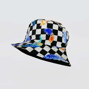 Hats Gloves Socks: Coloured Bucket Hat - 'Feathers With Checkers'