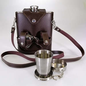 Him: Stainless Steel Hip Flask Set - Faux Leather Holder - 530mL