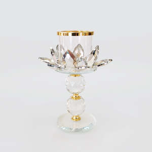 Crystal Glass: Crystal Flower Candle Stand - Gold Style Trim