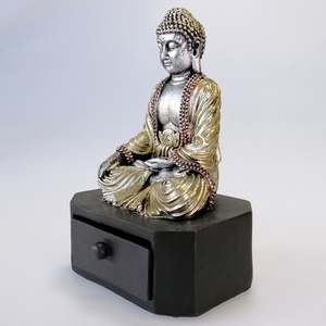 Figurines Sculptures: Buddha With Trinket Drawer - Painted Gold and Silver