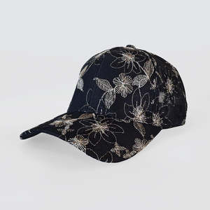 Black Embroidered Gold Flowers Cap