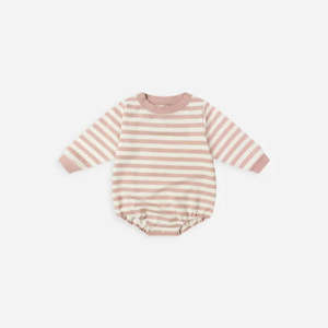 Quincy Mae: CREWNECK BUBBLE ROMPER || PINK STRIPE