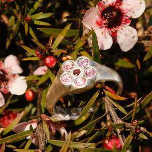 Gemstone Flower Inspired Earrings: Sapphire & garnet mānuka ring