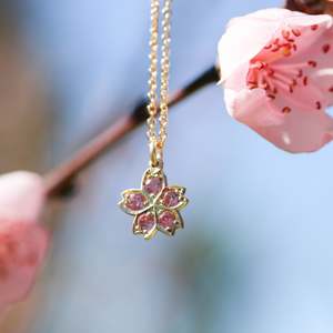 Gold Pendants: Gold & pink sapphire cherry blossom pendant in gold