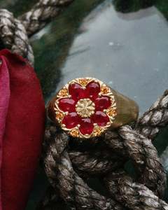 Kaleidoscope Collection: Gold kaleidoscope signet ring with natural rubies and golden sapphires