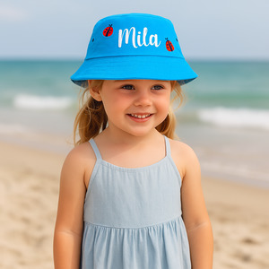 Personalised Ladybug Kids Bucket Hat - Custom Sun Hat Pink Blue Sage