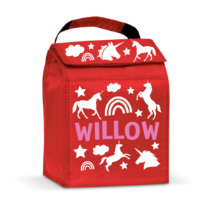 Personalised Lunch Cooler Bag Red Unicorns - Custom Kids Lunch Box