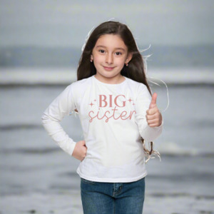 Brother Sister Tees: Long Sleeve Big Sister T-Shirt - White Cotton Sibling Announcement NZ