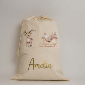 Personalised Whimsical Santa and Sleigh Santa Sack - Custom Christmas Gift Bag NZ