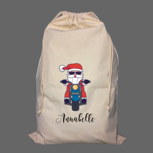 Personalised Santa on Motorbike Santa Sack - Custom Christmas Gift Bag NZ