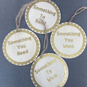 Gold Holiday Gift Tags – Something You Want, Need, Wear & Read – Wooden Set of 4