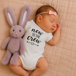 Mauve Baby Welcome Bundle - Bunny Soft Toy & New to the Crew Onesie