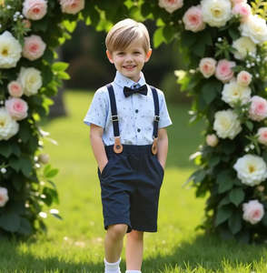 Products: Boys Light Blue 4-Piece Outfit Set - Shirt, Shorts, Bow Tie & Suspenders
