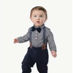 Boys Formal Outfit - Black Checked Shirt, Black Pants, Bowtie & Suspenders