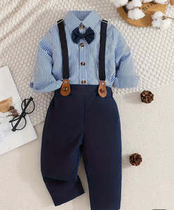 Boys Special Occasion Clothes Accessories: Boys Striped Dress Shirt and Navy Pant C/W Bowtie and Suspenders