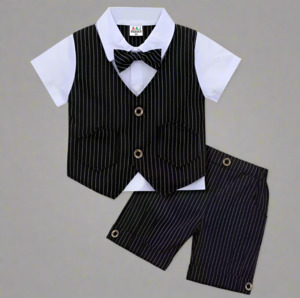 Boys Short Pinstripe Suit Black Art Deco