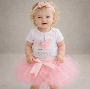 Girls 1st Birthday Unicorn Outfit - Onesie, Tutu & Headband Set