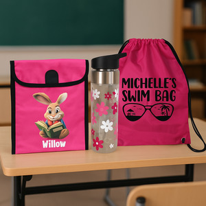 Pink Kids School Bag Bundle NZ – Personalised Swim Bag, Book Bag & Drink Bottl&hellip;