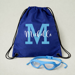 Blue Swim Bag & Goggles Bundle - Personalised Kids Swimming Set NZ - Initial