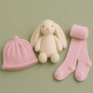 Baby Girl Gift Set NZ | Wool Beanie, Bunny Soft Toy & Pink Merino Lamington Tights