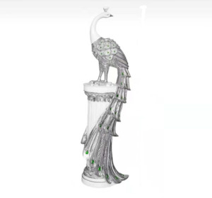 Decor: Peacock Ornaments - White/Silver with Green Glass Diamonds decoration