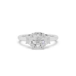 Cushion and Trapezoid Diamond Trilogy Engagement Ring