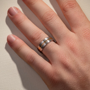 Mens Wedding Bands: 7.00MM Half Rounded Band w/ Two Tone Detail